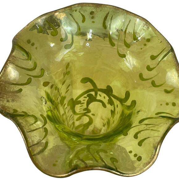 Vintage Signed Moser Art Glass Vase Ruffle Top Green Gold Gilt Good Condition - Picture 5 of 12